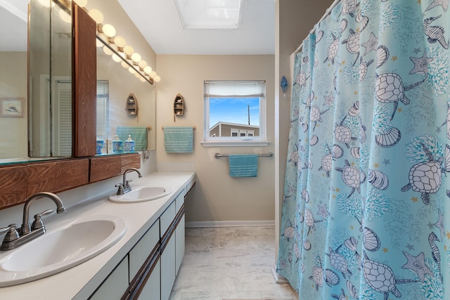 bathroom featuring walk in shower and vanity