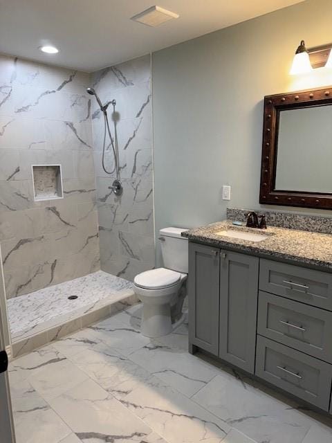 bathroom with vanity, a tile shower, and toilet