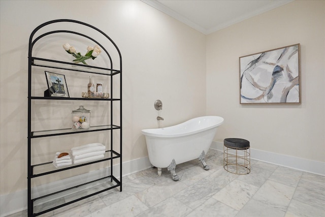 bathroom featuring ornamental molding and a washtub