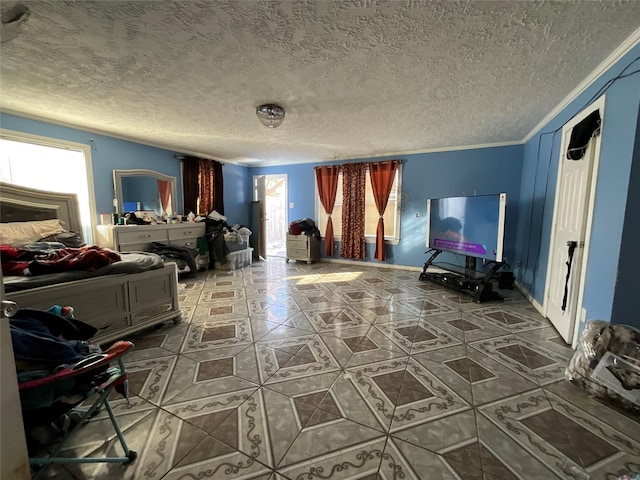 tiled bedroom featuring crown molding and a textured ceiling