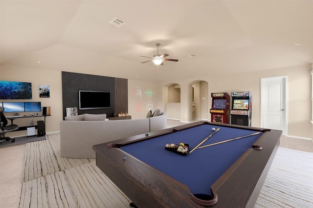 rec room with ceiling fan, light colored carpet, and billiards