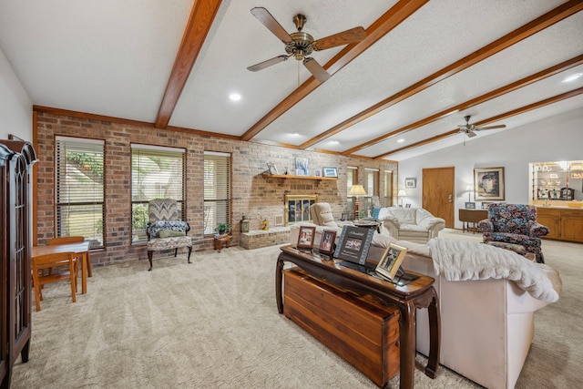 living room featuring light colored carpet, brick wall, a fireplace, and lofted ceiling with beams