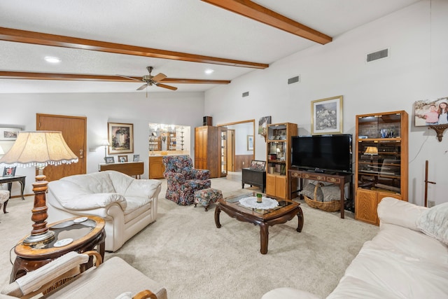 living room featuring ceiling fan, light carpet, and vaulted ceiling with beams