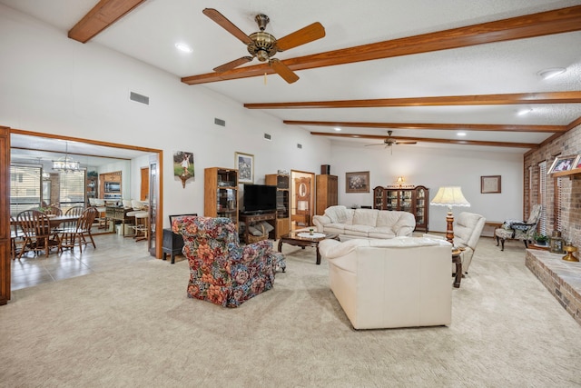 living room featuring ceiling fan with notable chandelier, light colored carpet, and beam ceiling