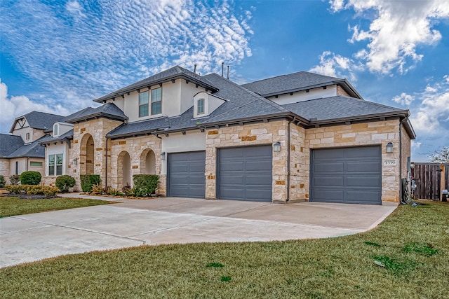 view of front of house featuring a garage and a front lawn