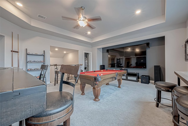 playroom with billiards, light carpet, ceiling fan, and a tray ceiling