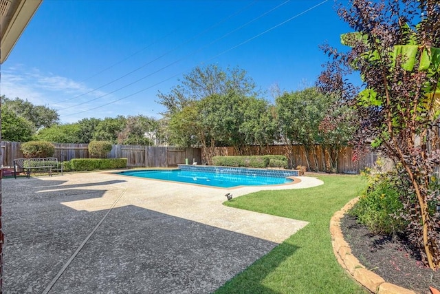 view of swimming pool with a lawn and a patio