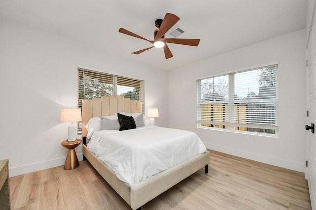 bedroom with ceiling fan and light hardwood / wood-style flooring