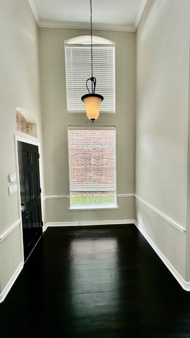 interior space with hardwood / wood-style flooring and ornamental molding