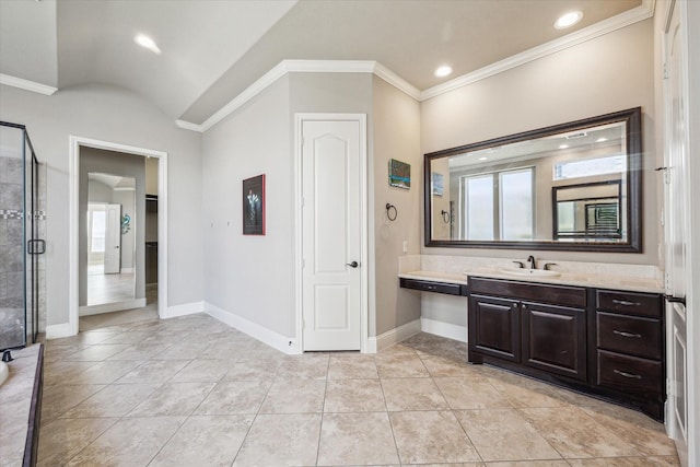 bathroom with tile patterned flooring, vaulted ceiling, vanity, and plus walk in shower