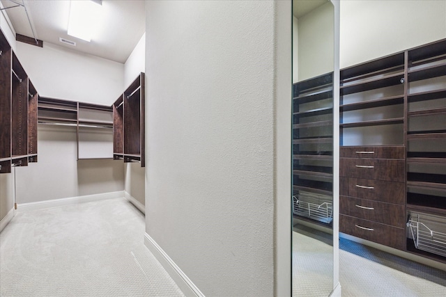 spacious closet featuring light colored carpet