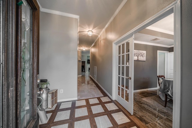 corridor featuring french doors and ornamental molding