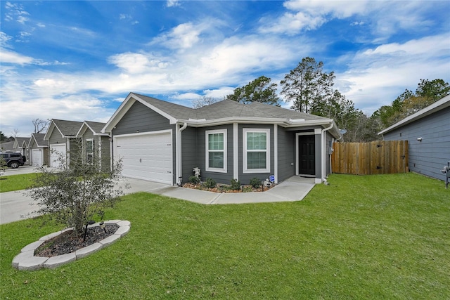 ranch-style house featuring a garage and a front lawn