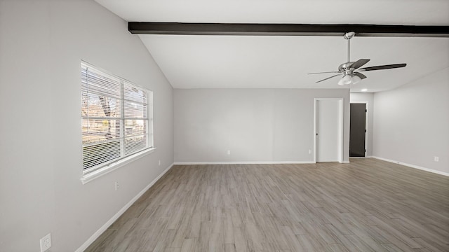 spare room featuring ceiling fan, lofted ceiling with beams, and light wood-type flooring