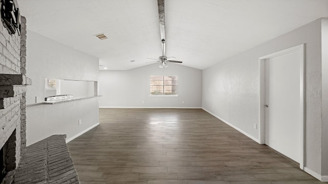 unfurnished living room featuring dark hardwood / wood-style flooring, a fireplace, ceiling fan, and vaulted ceiling