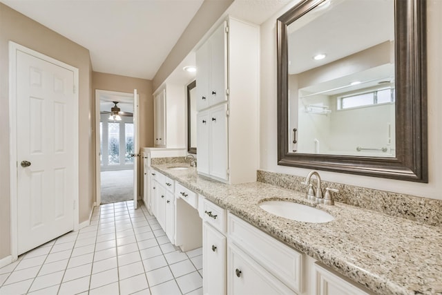 bathroom with vanity, tile patterned floors, and ceiling fan