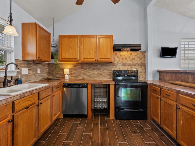 kitchen featuring stainless steel dishwasher, wood tiled floor, a sink, black range with electric cooktop, and under cabinet range hood