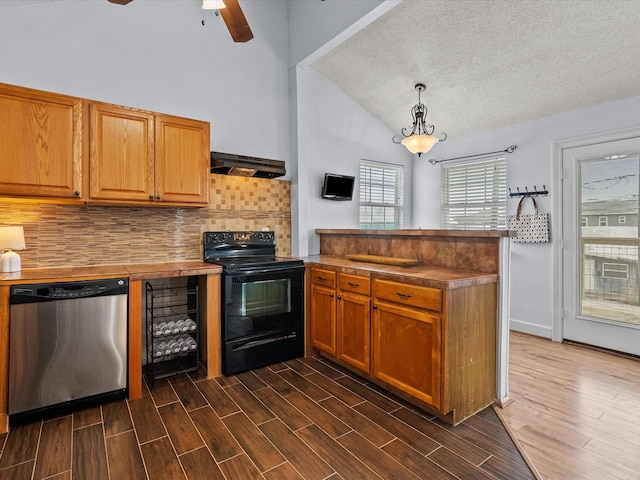 kitchen with wood finish floors, electric range, stainless steel dishwasher, and a peninsula