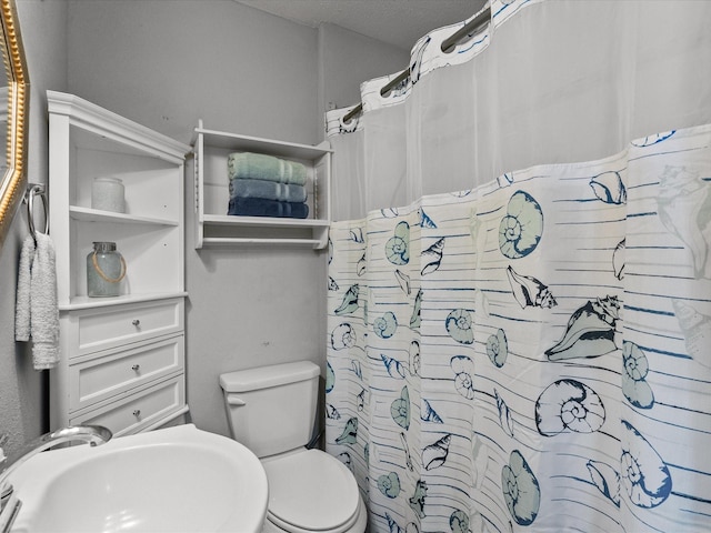 bathroom with toilet, curtained shower, and a sink