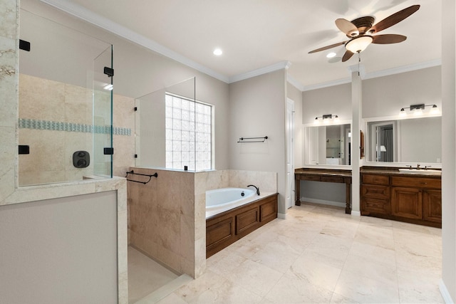 bathroom with crown molding, separate shower and tub, vanity, and ceiling fan