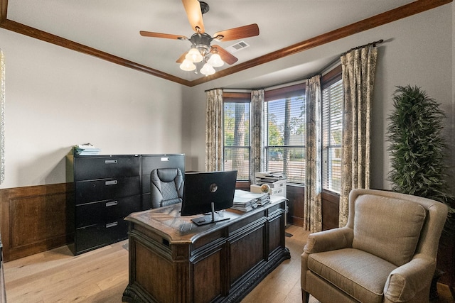 office featuring crown molding, ceiling fan, and light wood-type flooring