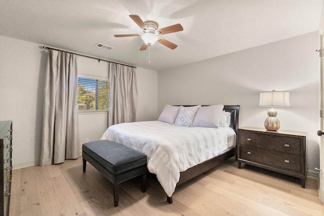 bedroom featuring ceiling fan and light hardwood / wood-style flooring