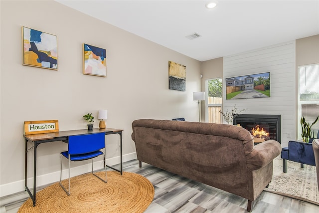 living room with a fireplace and light hardwood / wood-style flooring