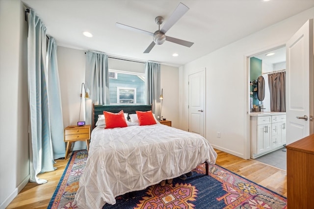 bedroom with a closet, ceiling fan, and light wood-type flooring