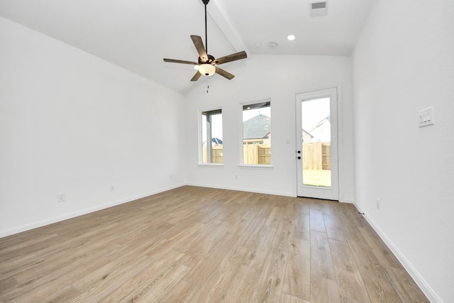 empty room with vaulted ceiling with beams, ceiling fan, and light hardwood / wood-style flooring