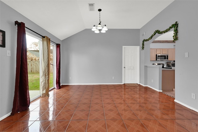 unfurnished dining area featuring vaulted ceiling and a notable chandelier