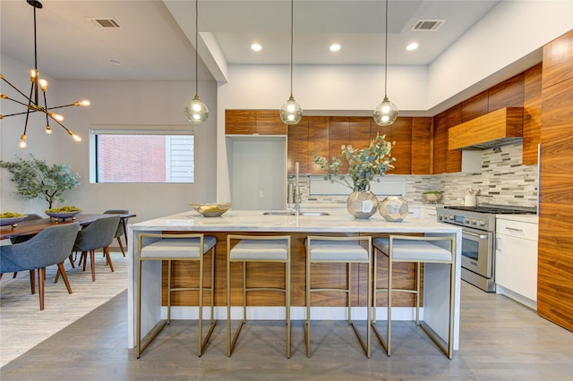 kitchen with high end stove, white cabinetry, decorative backsplash, custom range hood, and a center island with sink