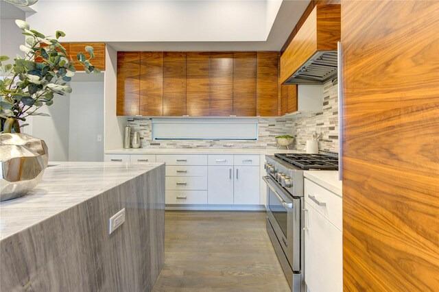 kitchen with custom exhaust hood, white cabinetry, tasteful backsplash, wood-type flooring, and stainless steel stove