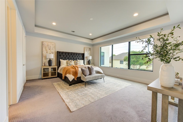 carpeted bedroom with a raised ceiling