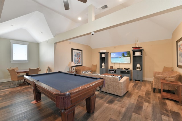 4241 Pointe W Dr, Galveston, TX 77554 - game room featuring vaulted ceiling, wood finished floors, a ceiling fan, billiards, and baseboards