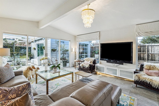 living room with vaulted ceiling with beams and a chandelier