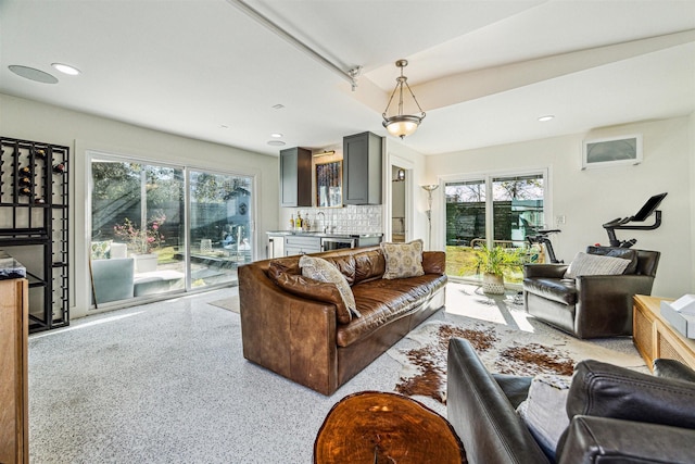 living room featuring indoor wet bar