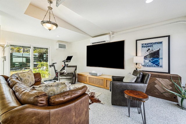 living room featuring vaulted ceiling and an AC wall unit