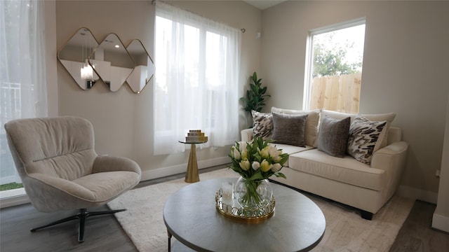 sitting room with hardwood / wood-style flooring and a healthy amount of sunlight