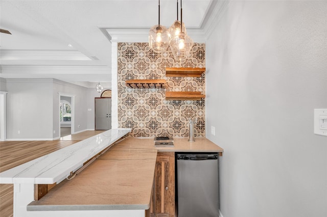 bar with a raised ceiling, crown molding, light wood-style flooring, and baseboards