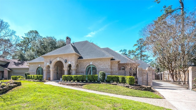 french country inspired facade with brick siding, roof with shingles, a chimney, a gate, and a front lawn