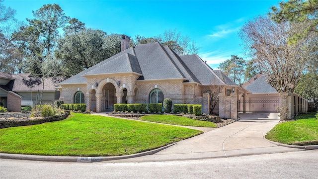 french country inspired facade with a chimney, a gate, a front lawn, and brick siding