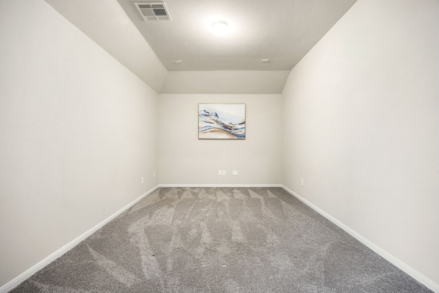 empty room with lofted ceiling, carpet floors, and a textured ceiling