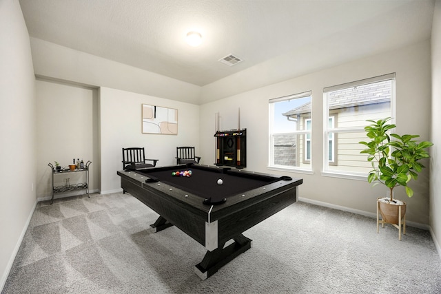 playroom with billiards and light carpet