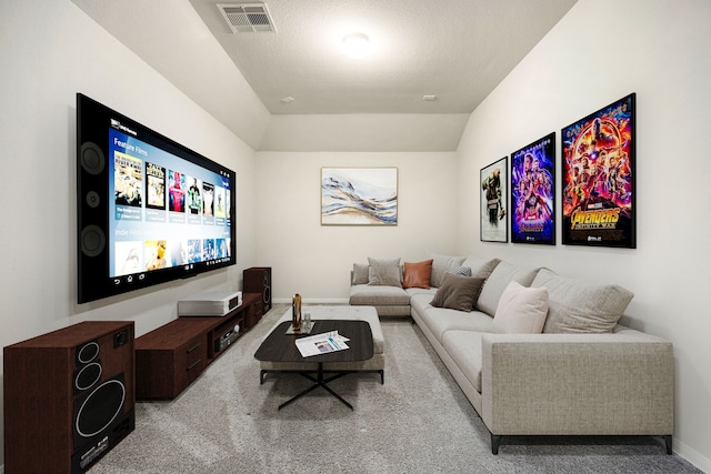 carpeted cinema with vaulted ceiling