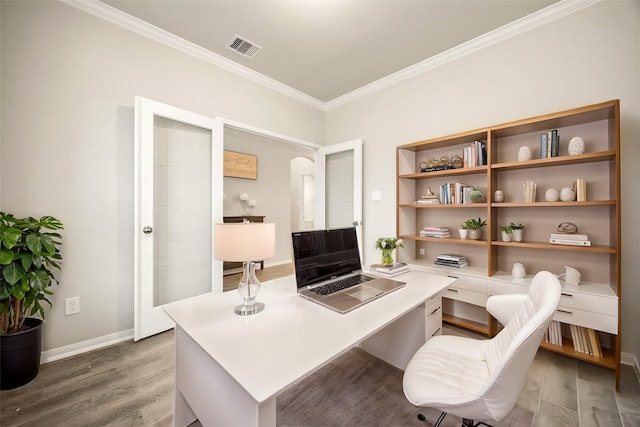 office space featuring crown molding and wood-type flooring