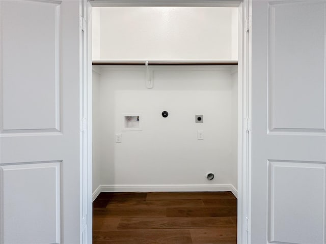 laundry room featuring gas dryer hookup, hookup for an electric dryer, hookup for a washing machine, and dark wood-type flooring