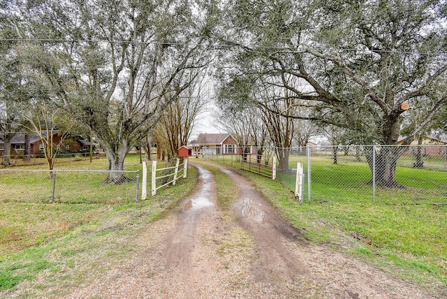 view of road featuring a gated entry and dirt driveway