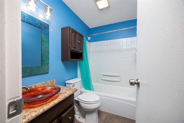 full bathroom with toilet, vanity, shower / bathtub combination with curtain, and tile patterned flooring