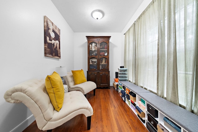 sitting room with dark wood-type flooring