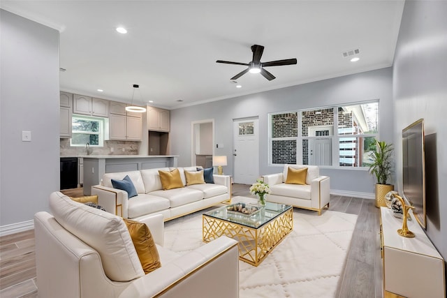 living room with crown molding, ceiling fan, sink, and light hardwood / wood-style floors